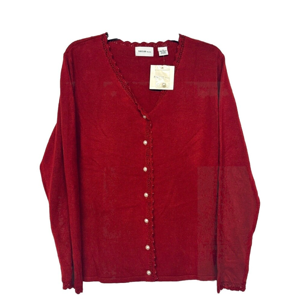 Parisian Works Red Cardigan w Crochet Trim & White Faux Pearl Buttons New M